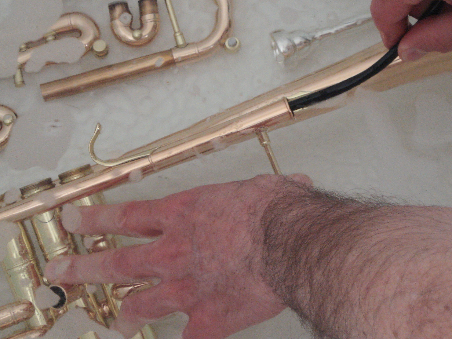 Cleaning a trumpet with a snake brush